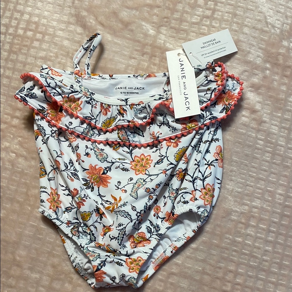 Janie and Jack Floral Swimsuit with Coral Trim